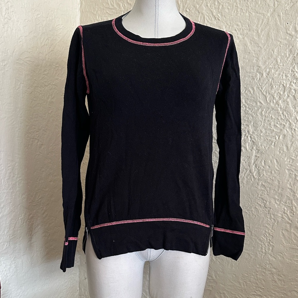 Lisa Todd Black Neon Pink Stitch Zipper Sweater XS Cotton Cashmere